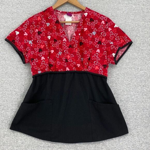 The Wonderful World of Disney Scrub Top Womens Medium Black Red Mickey Mouse - Picture 1 of 12